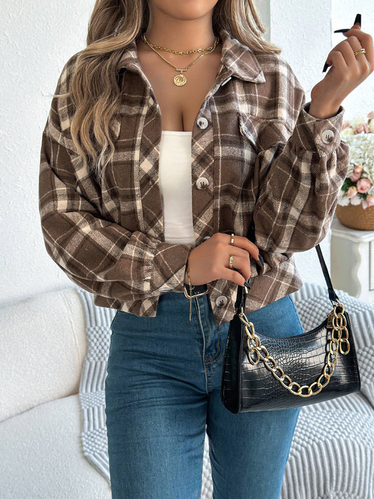 Cropped Color-Blocked Plaid Long-Sleeved Jacket