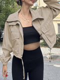 Drawstring Cropped Cargo Zipper Jacket