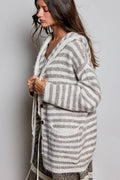 Striped Hooded Ribbed Knit Cardigan Drawstring (PRE🤍ORDER)