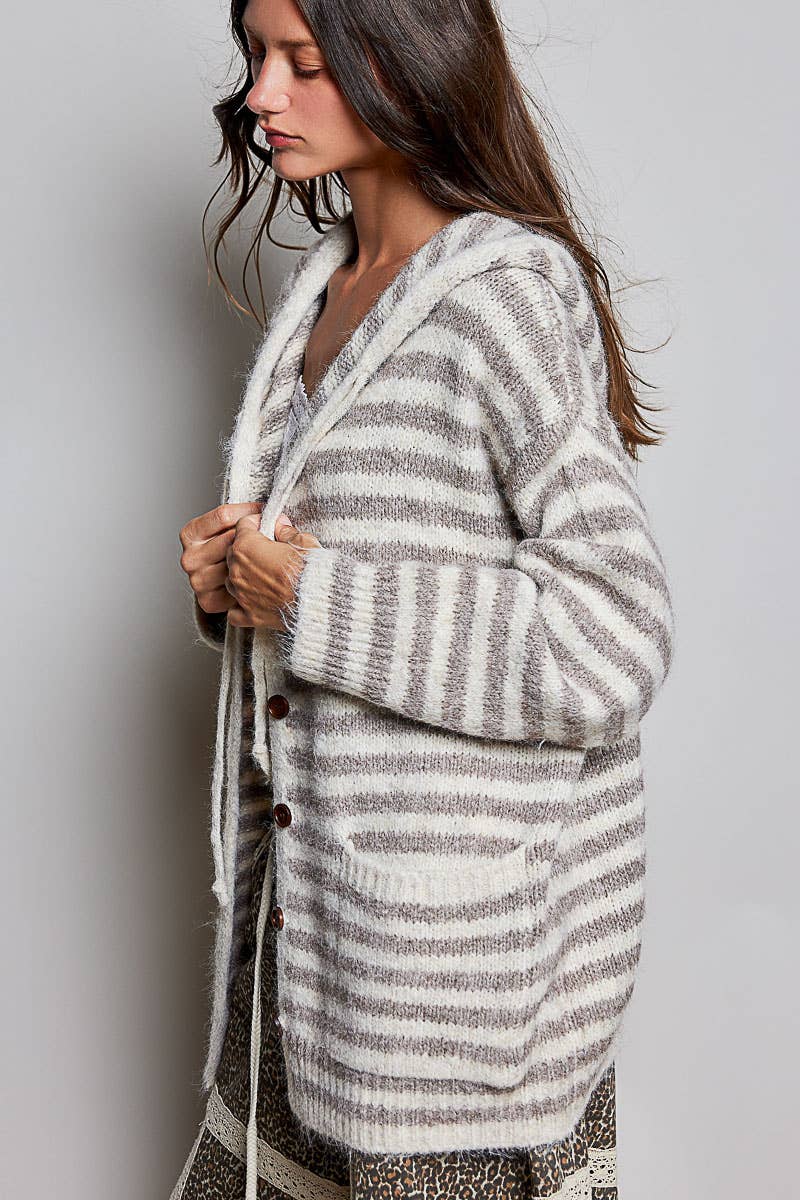 Striped Hooded Ribbed Knit Cardigan Drawstring (PRE🤍ORDER)