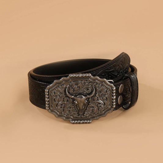 BULL HEAD CARVED VINTAGE DISTRESSED EMBOSSED BELT