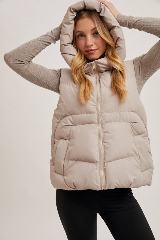 ZIPPER DOWN PUFFER HOODED VEST