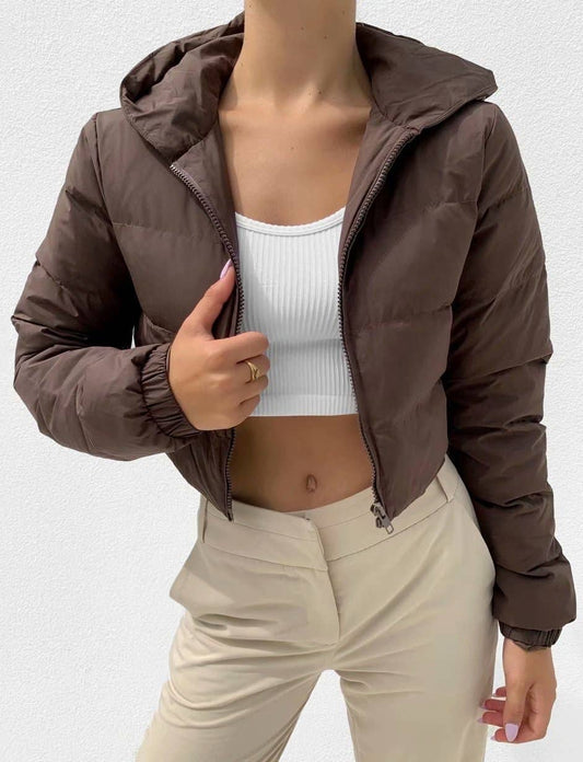 Hooded puffer zip up crop jacket