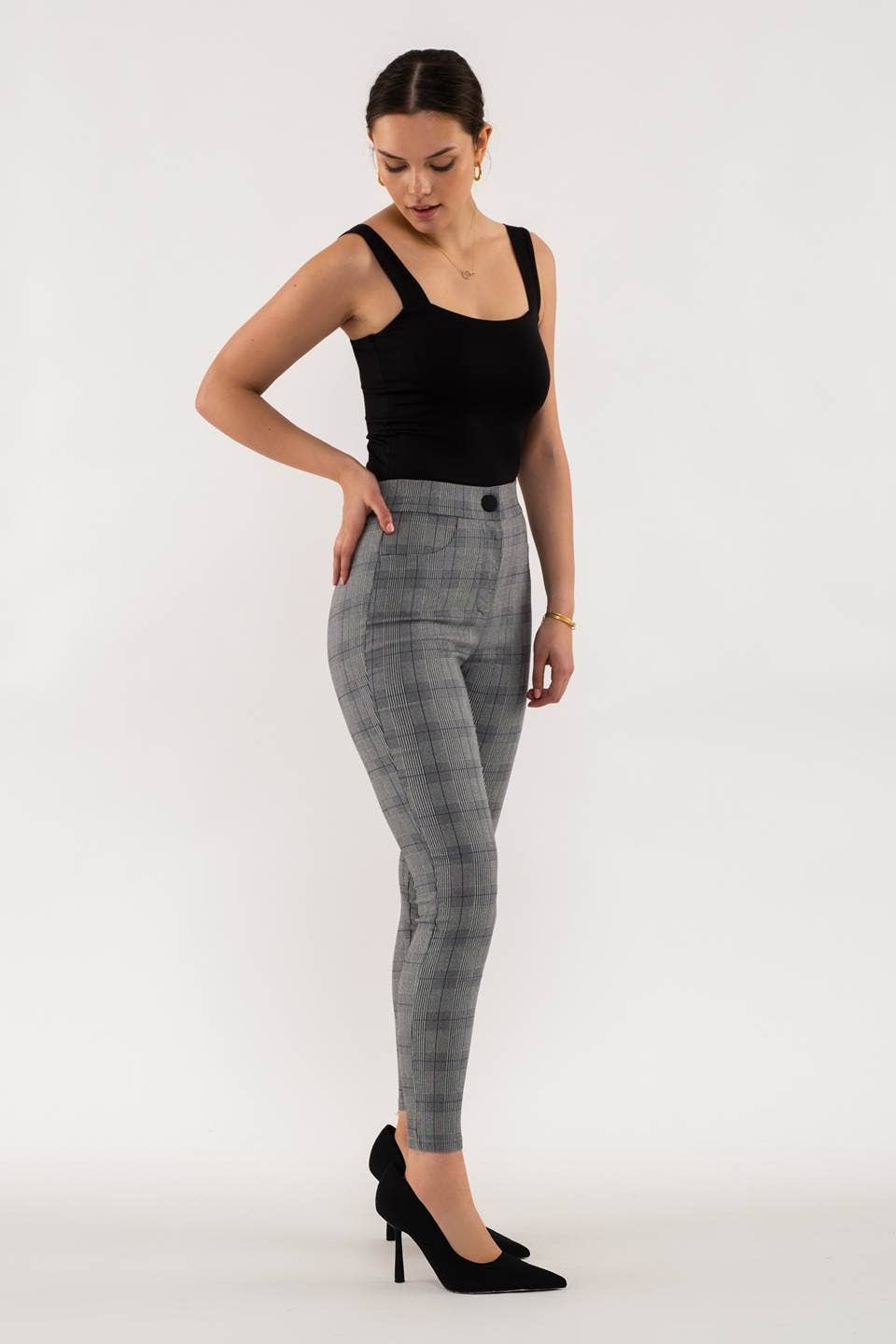 HIGH WAIST PLAID SKINNY PANTS
