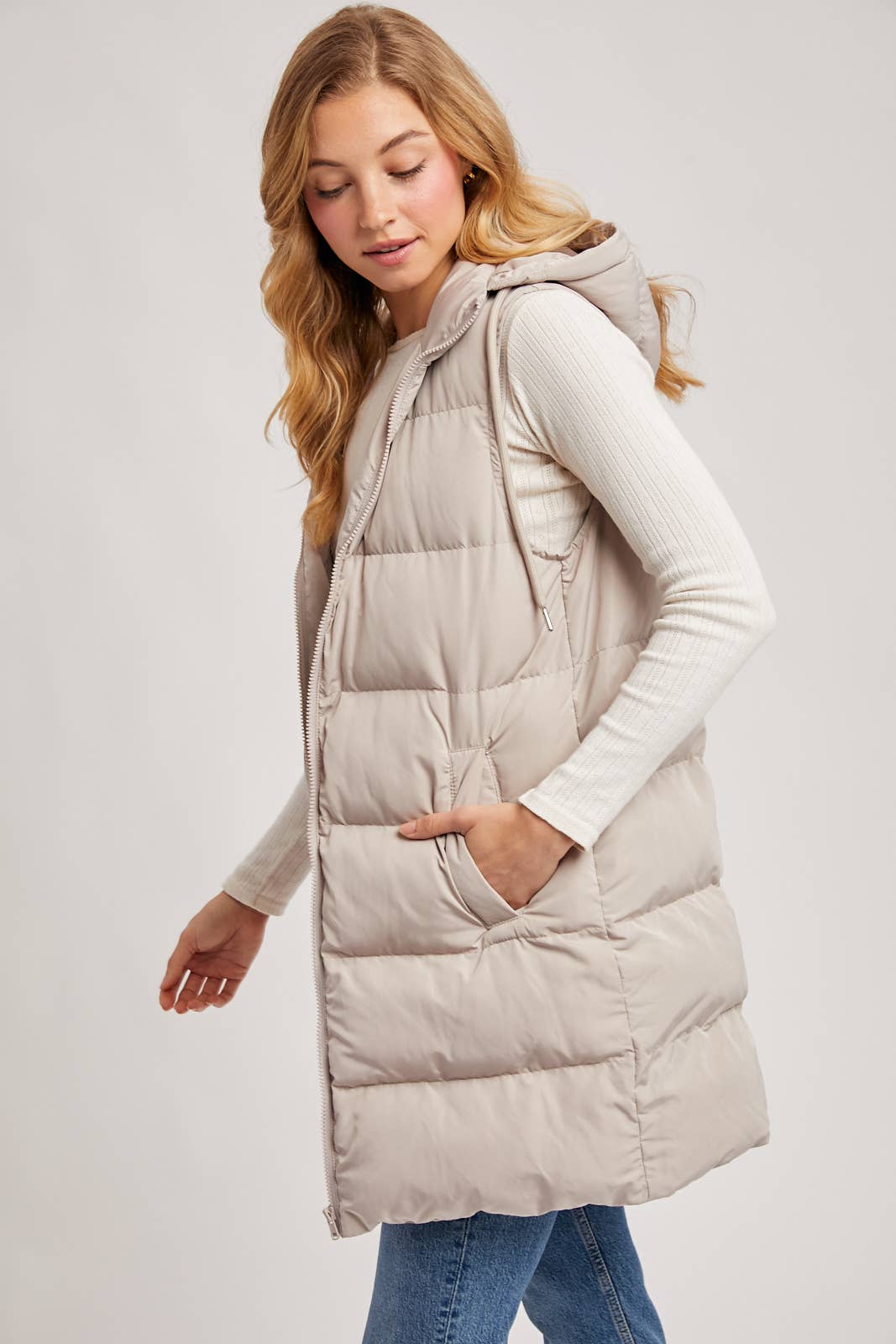 HOODED ZIPPER DOWN LONGLINE PUFFER VEST