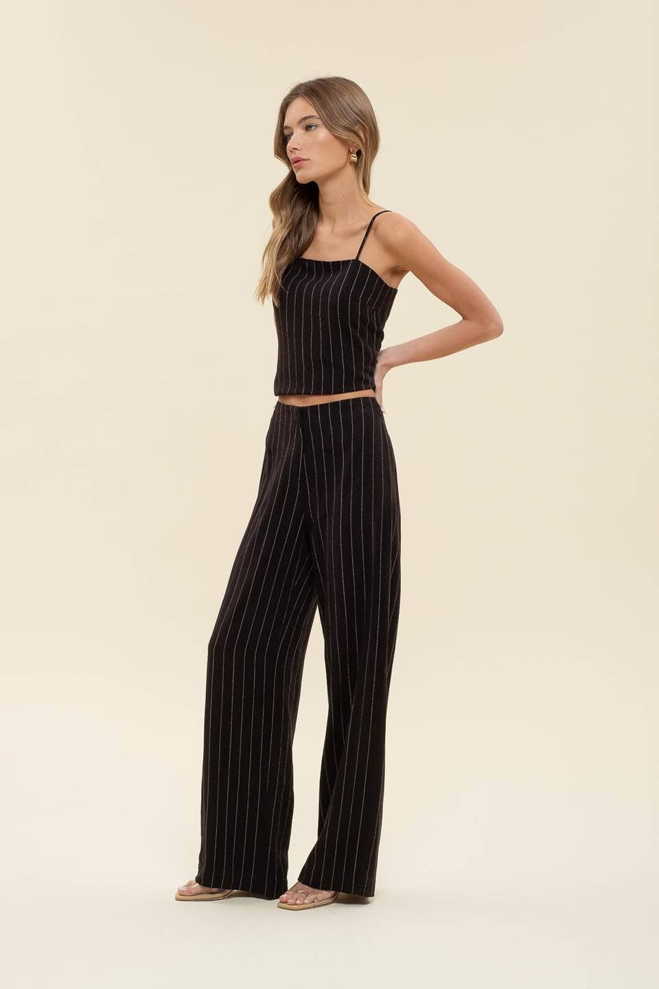 PINSTRIPE WIDE LEG LINEN DRESS PANTS