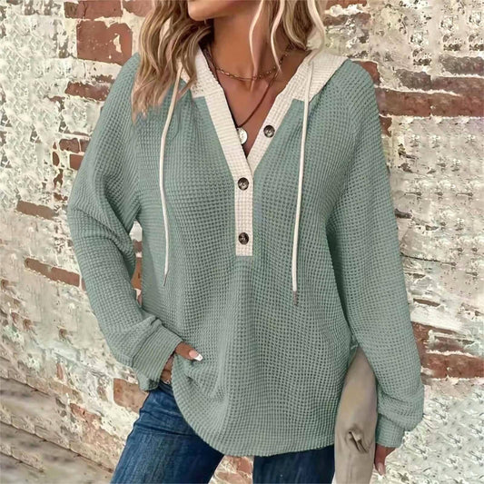Long-sleeved hooded waffle sweatshirt