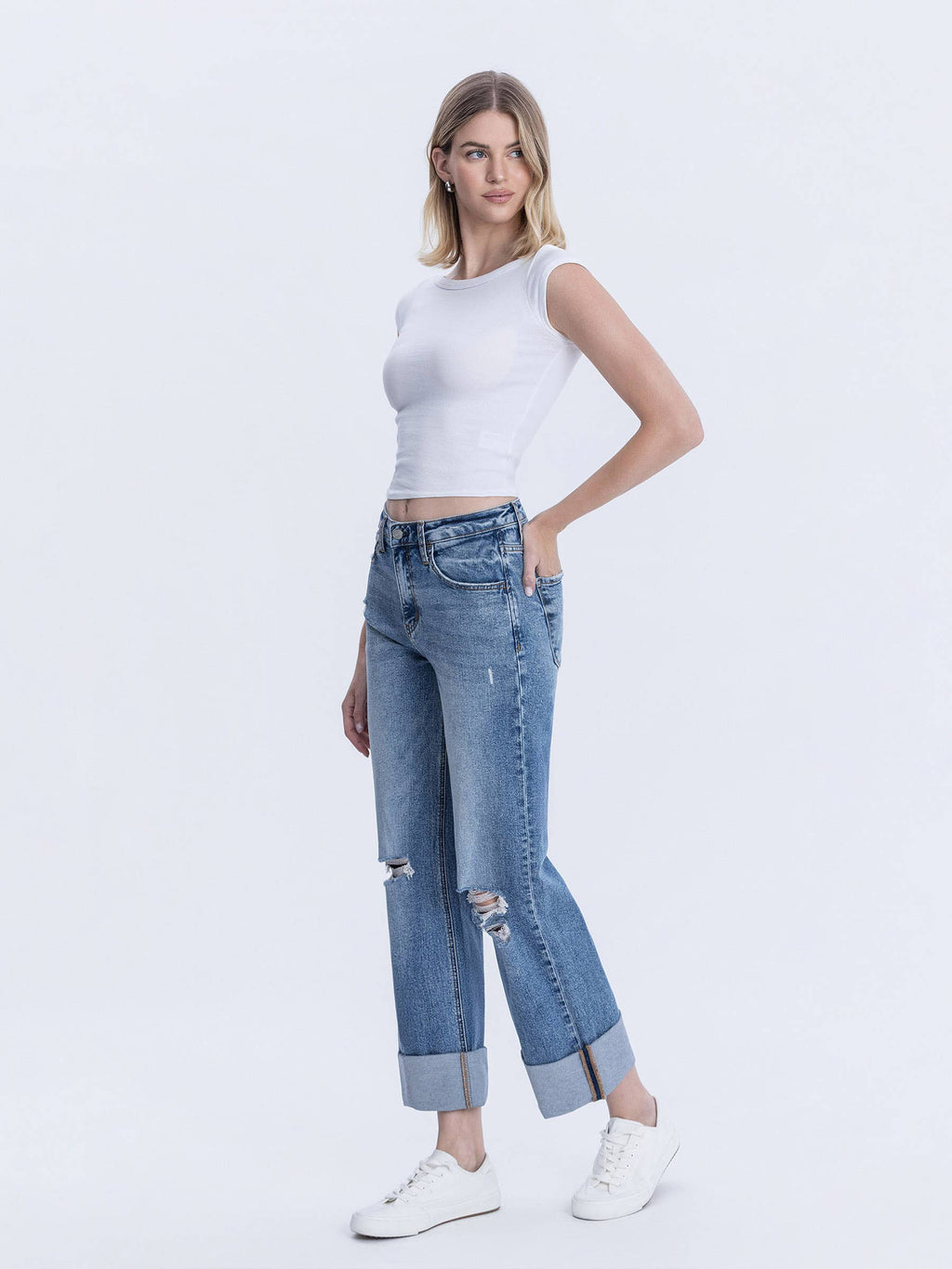 SUPER HIGH RISE DOUBLE CUFFED BAGGY WIDE JEANS