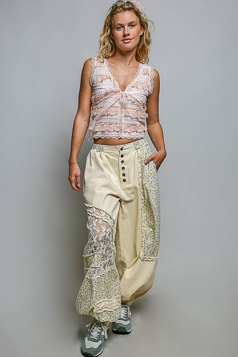 Button-Front Crochet Accent Ruffle Trim Jogger Pants (PRE🤍ORDER)