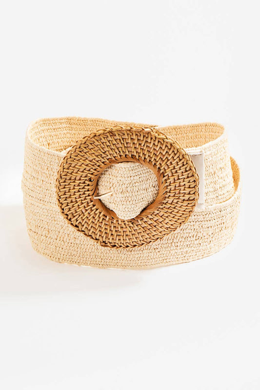 Round Straw Braided Buckle Faux Leather Belt