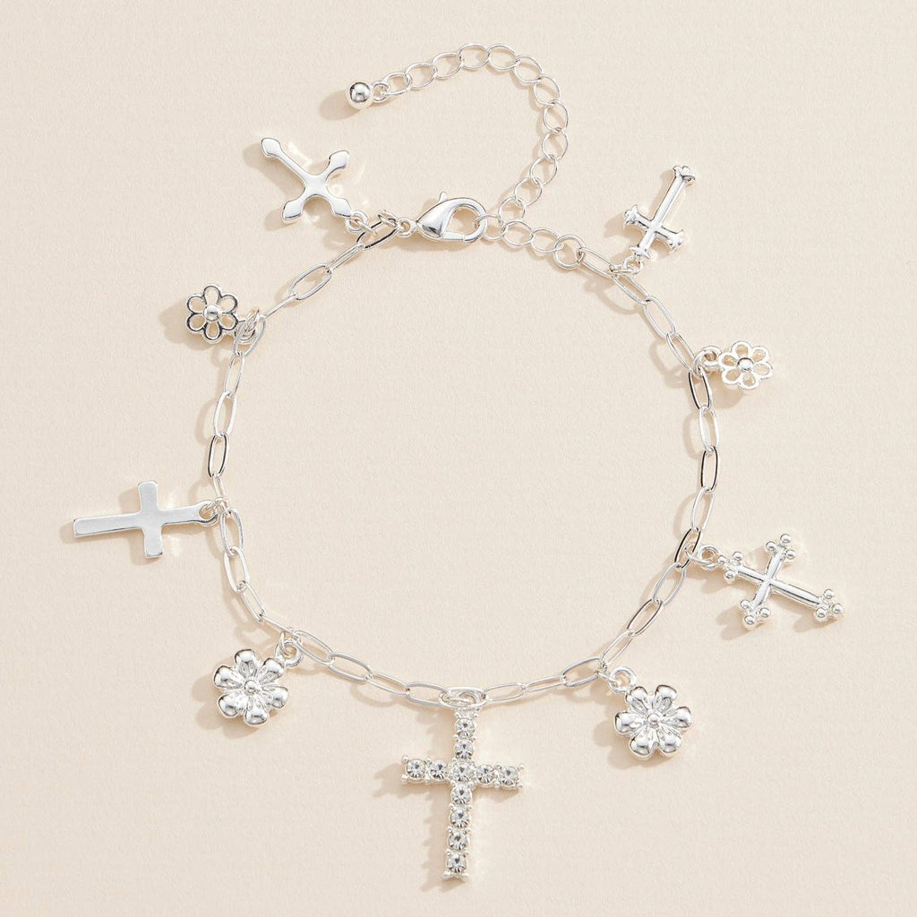 Silver Charm Bracelet with Cross & Floral Pendants