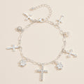 Silver Charm Bracelet with Cross & Floral Pendants