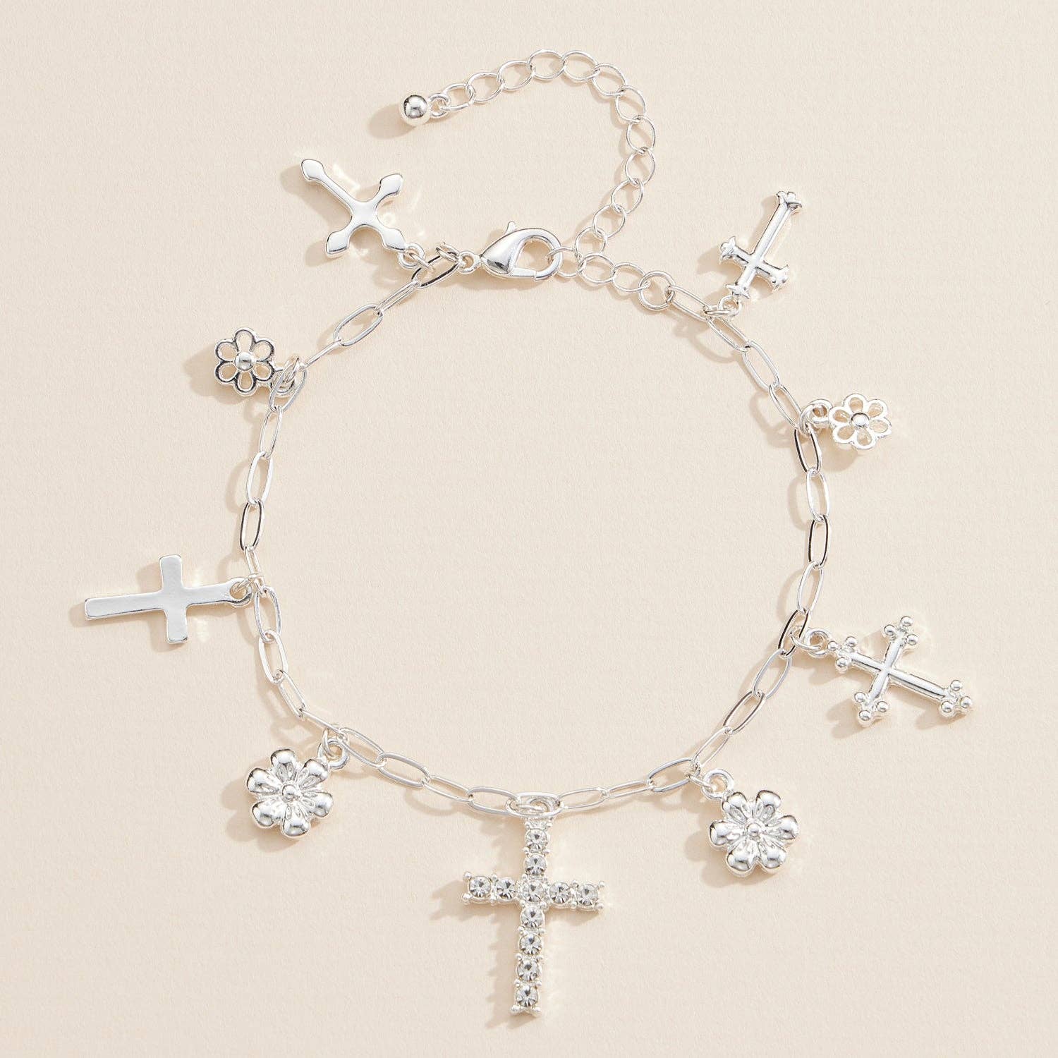 Silver Charm Bracelet with Cross & Floral Pendants