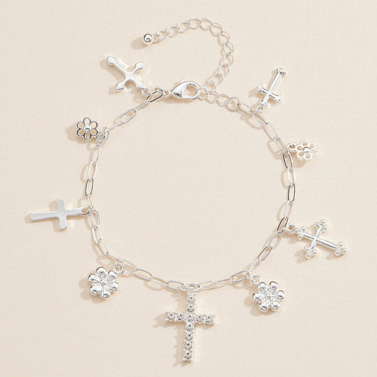Silver Charm Bracelet with Cross & Floral Pendants
