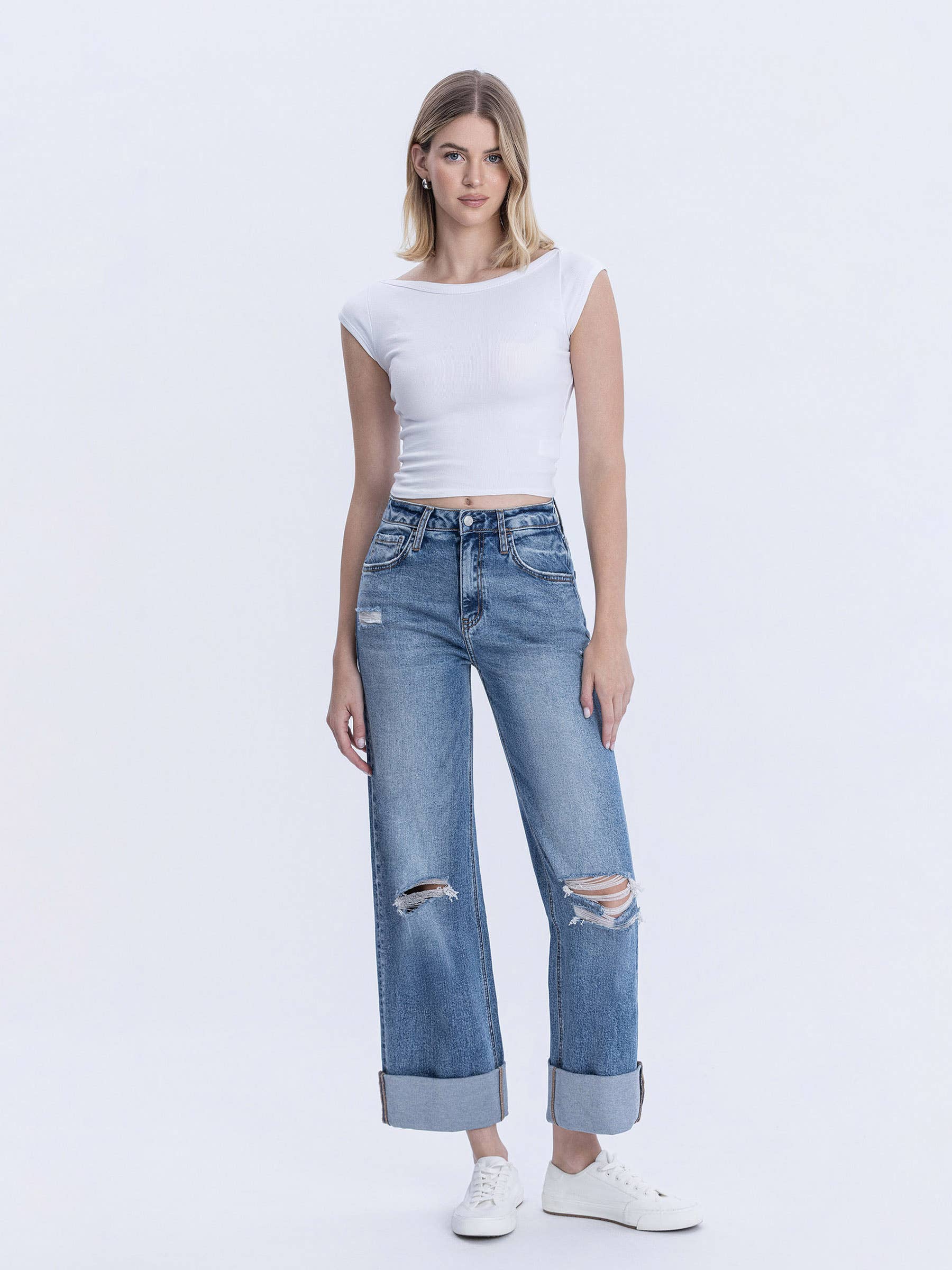 SUPER HIGH RISE DOUBLE CUFFED BAGGY WIDE JEANS