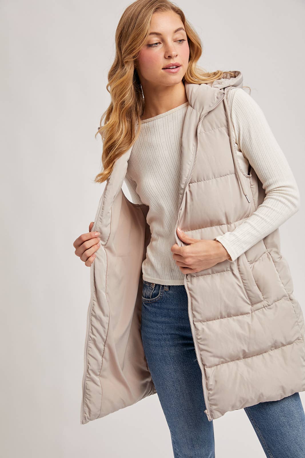 HOODED ZIPPER DOWN LONGLINE PUFFER VEST
