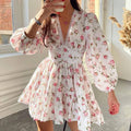 V-Neck Lace Floral Print Cropped Long-Sleeved Dress