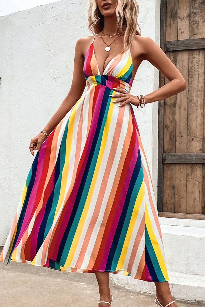 Multicolor Striped Spaghetti Strap Backless Dress