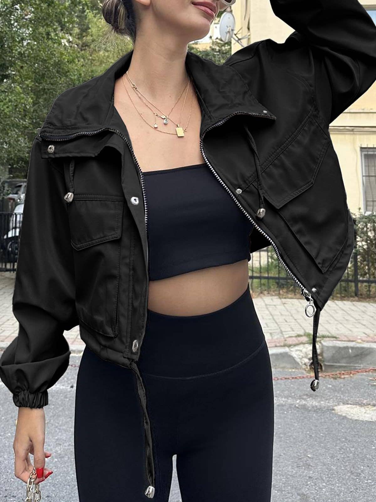 Drawstring Cropped Cargo Zipper Jacket